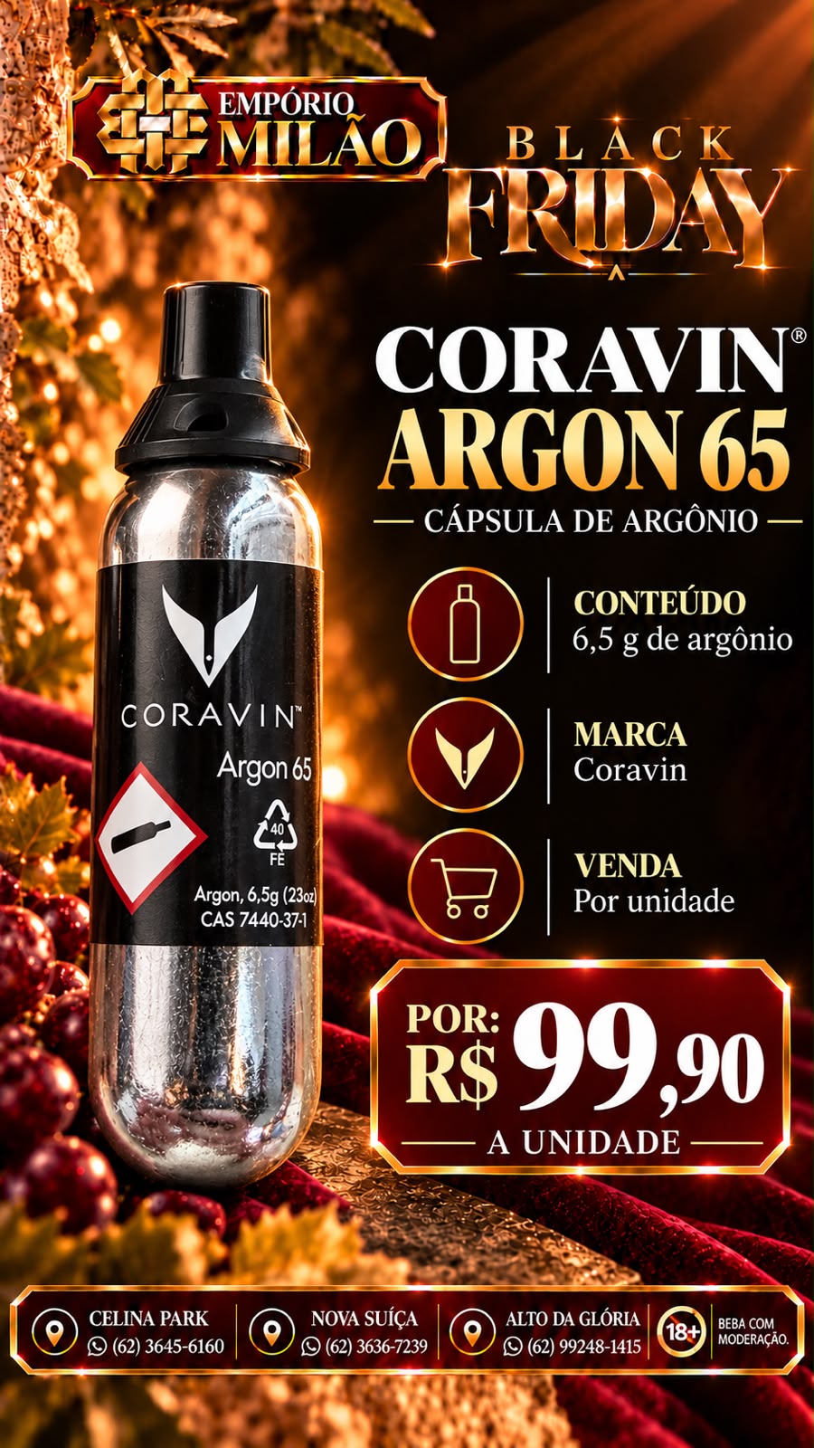 Arte Black Milão: Coravin Argon 65, R$ 99,90 por unidade
